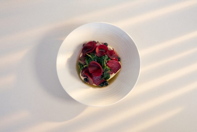 Thin slices of pickled beetroot over green amaranth and pale almond cream, scattered with black sesame, in a white bowl