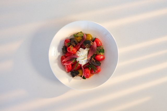 Red and yellow cherry tomatoes with soft white cheese, pickled red onion and dark crumbs of carob rusk, in a white bowl under striped shadow